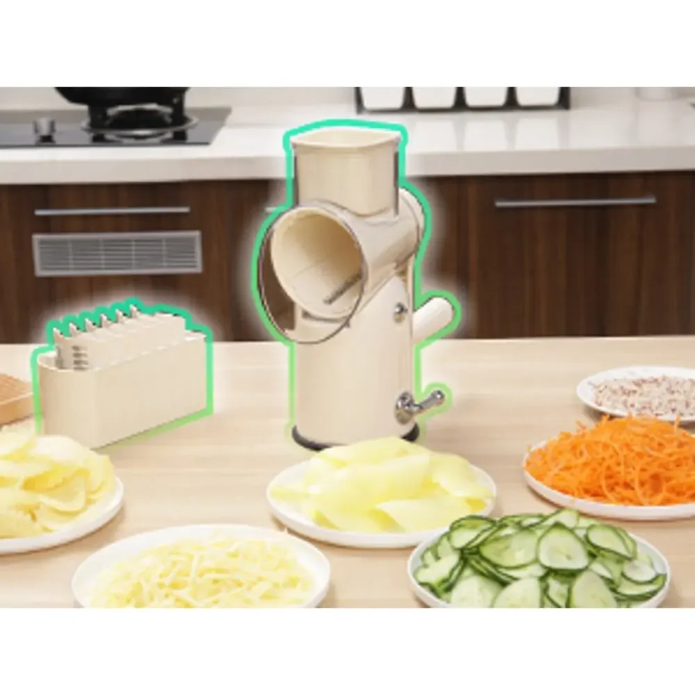 Manual Rotary Cheese Grater 5-in-1 with Suction Base Vegetable Slicer Green